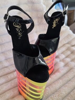 Pleaser Black Patent Platform Sandals with Neon Gradient Wedge